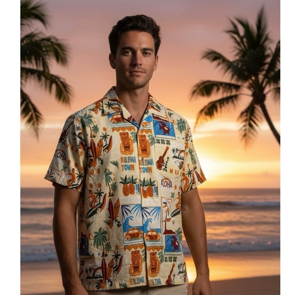 Waikiki Men’s Hawaiian Short Sleeve Shirt Tropical Vacation Resort Surf Board